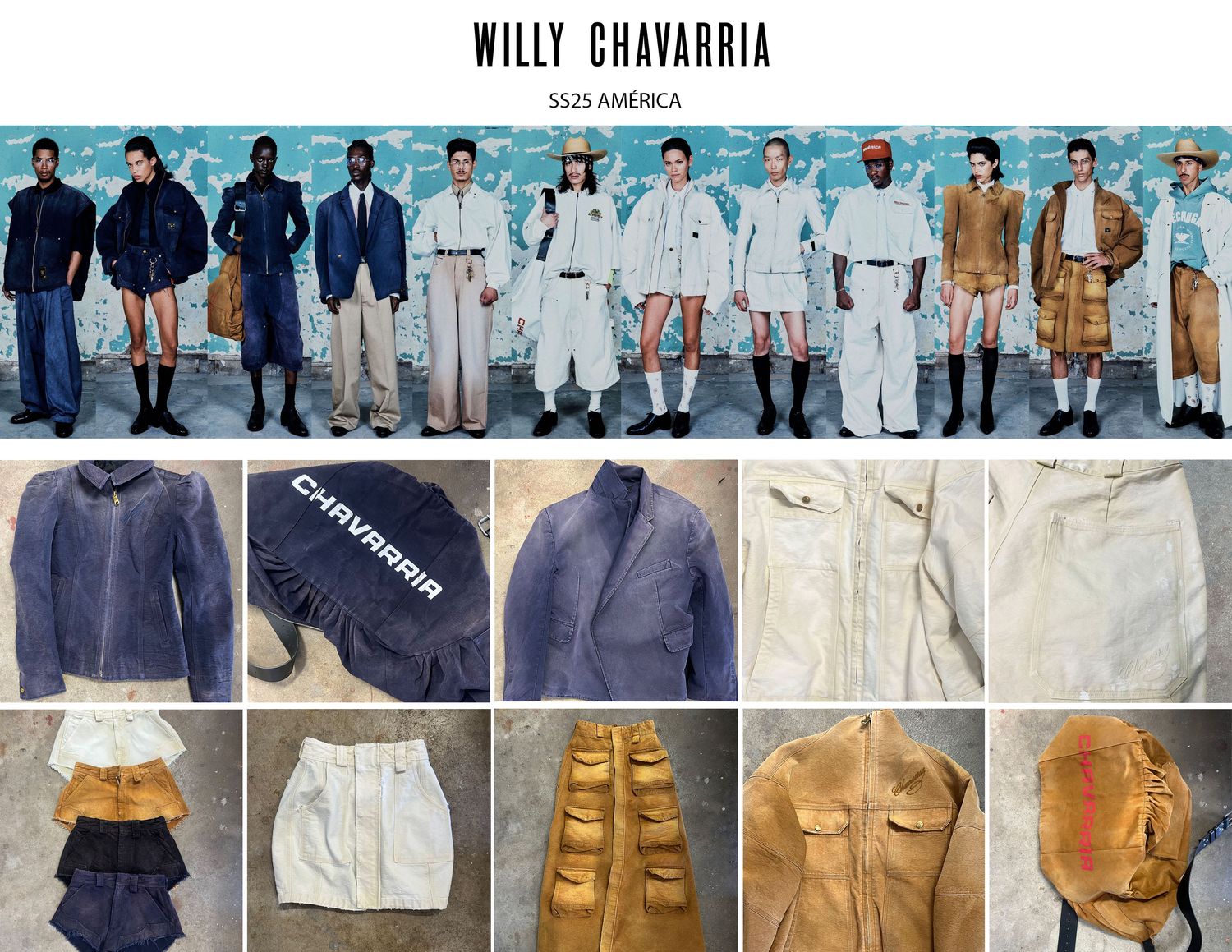 Willy Chavarria SS25 América — runway lineup above a grid of wash and garment details