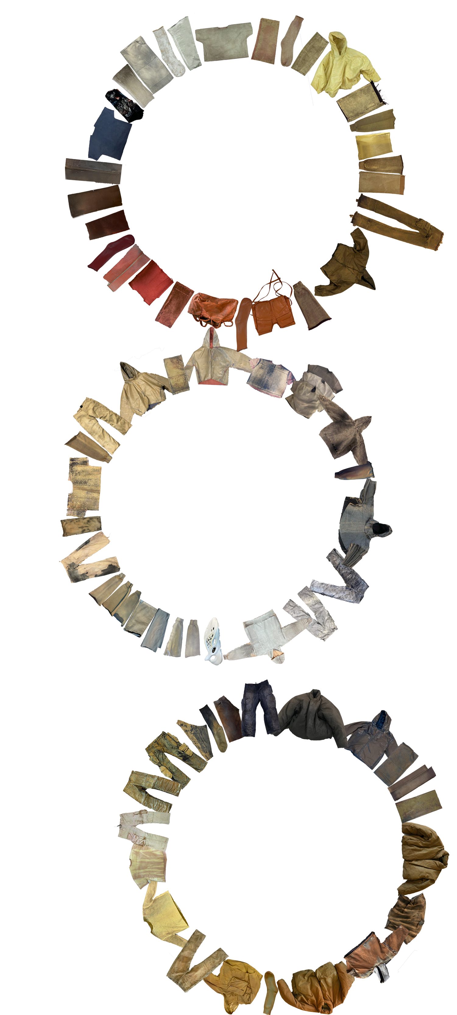 Yeezy lead-color study — garments arranged into a tonal colour wheel